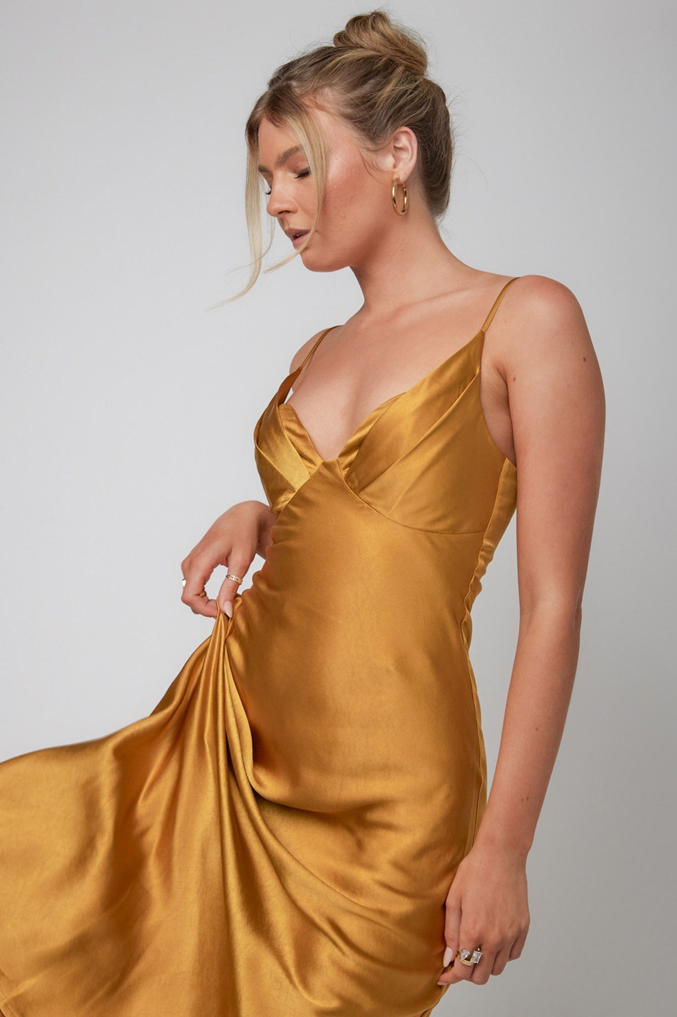 Infinity Pintuck Bust Midi Dress Mustard