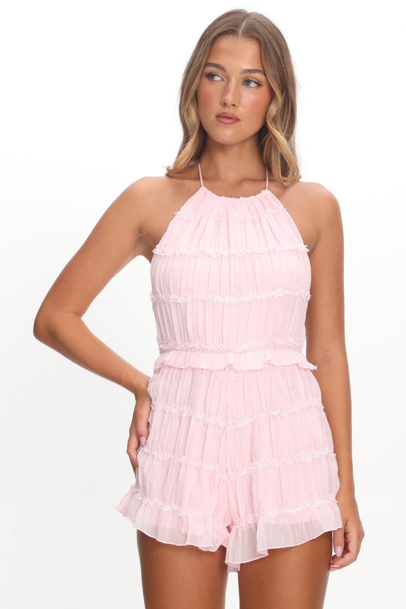Hannita Smocked Halter Romper Pink