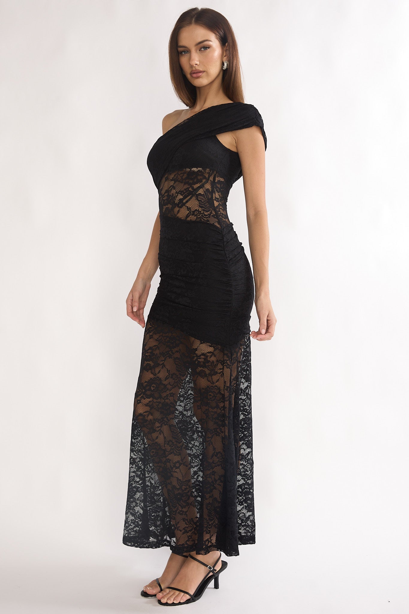 Gala One-Shoulder Maxi Dress Lace Black