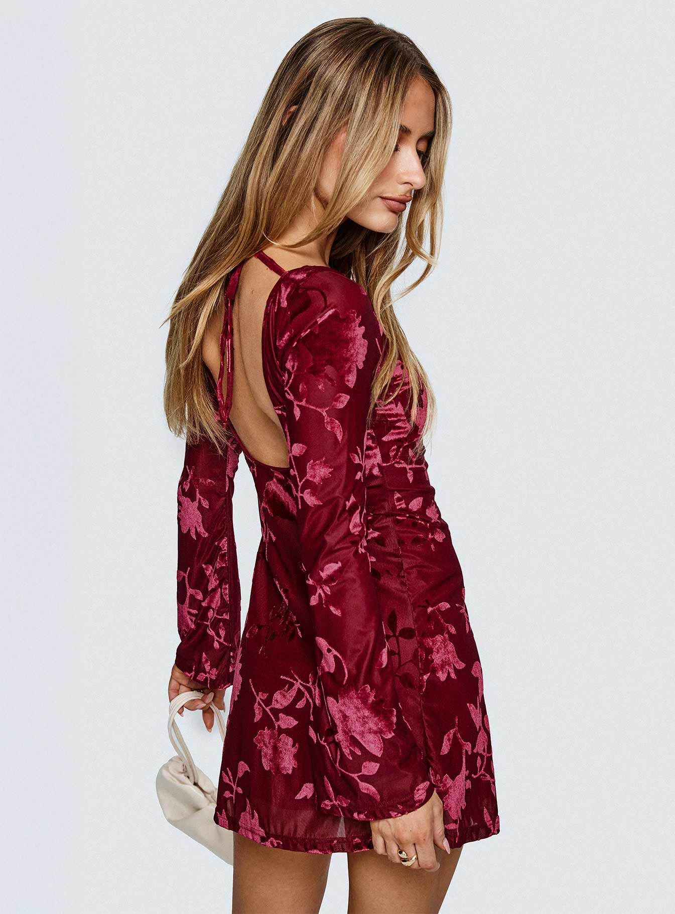 Lukea Long Sleeve Mini Dress Burgundy Burnout