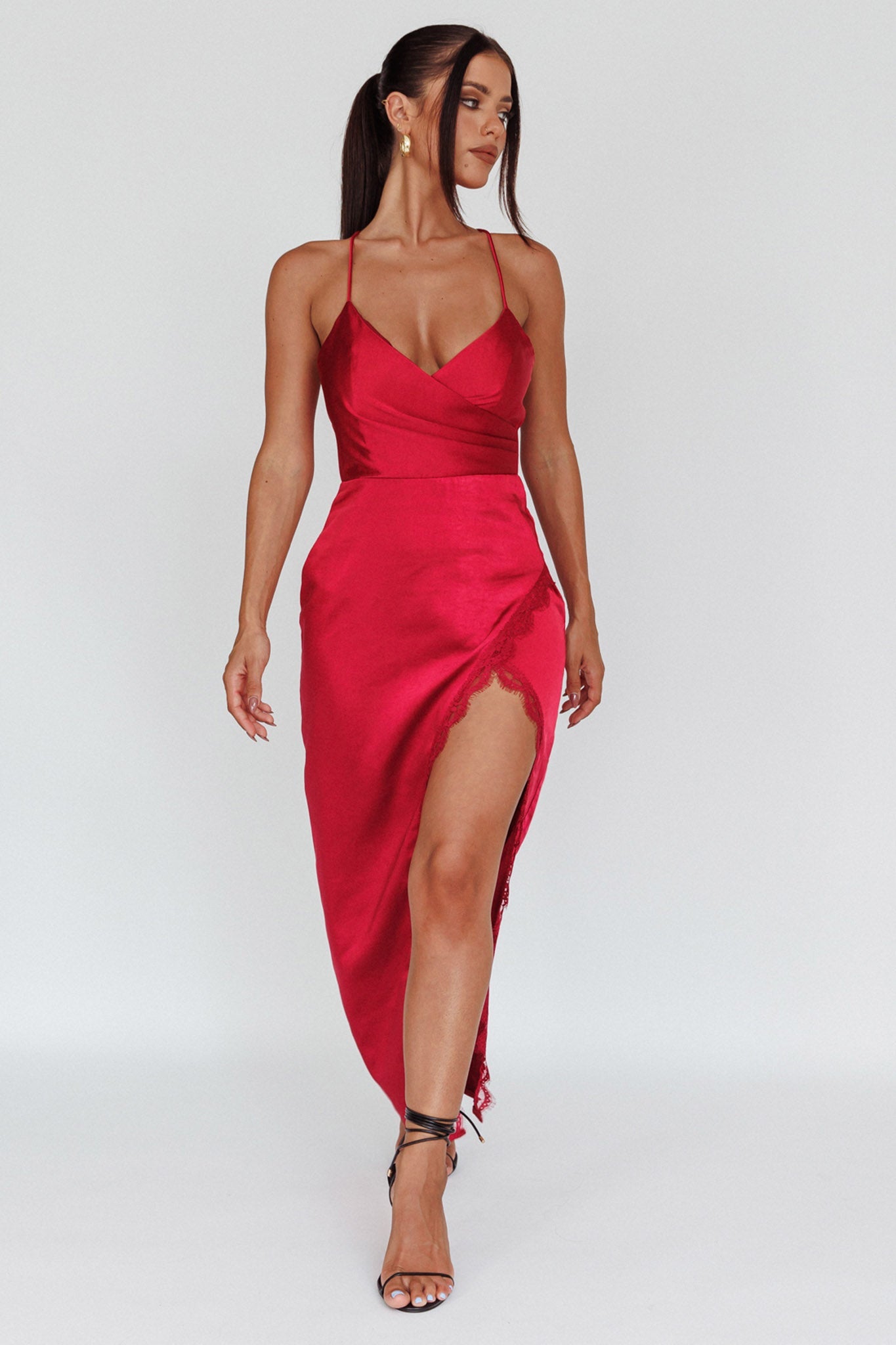 Winter Moon Lace Trim Midi Dress Wine