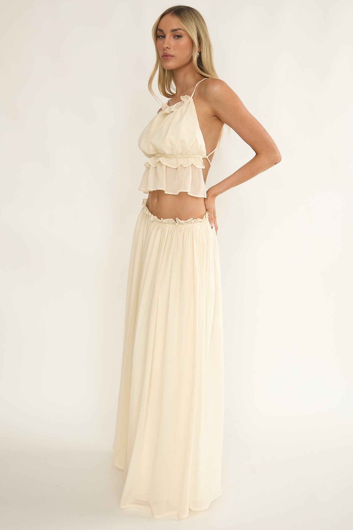 Marivelle Frill Trim Maxi Skirt Oyster