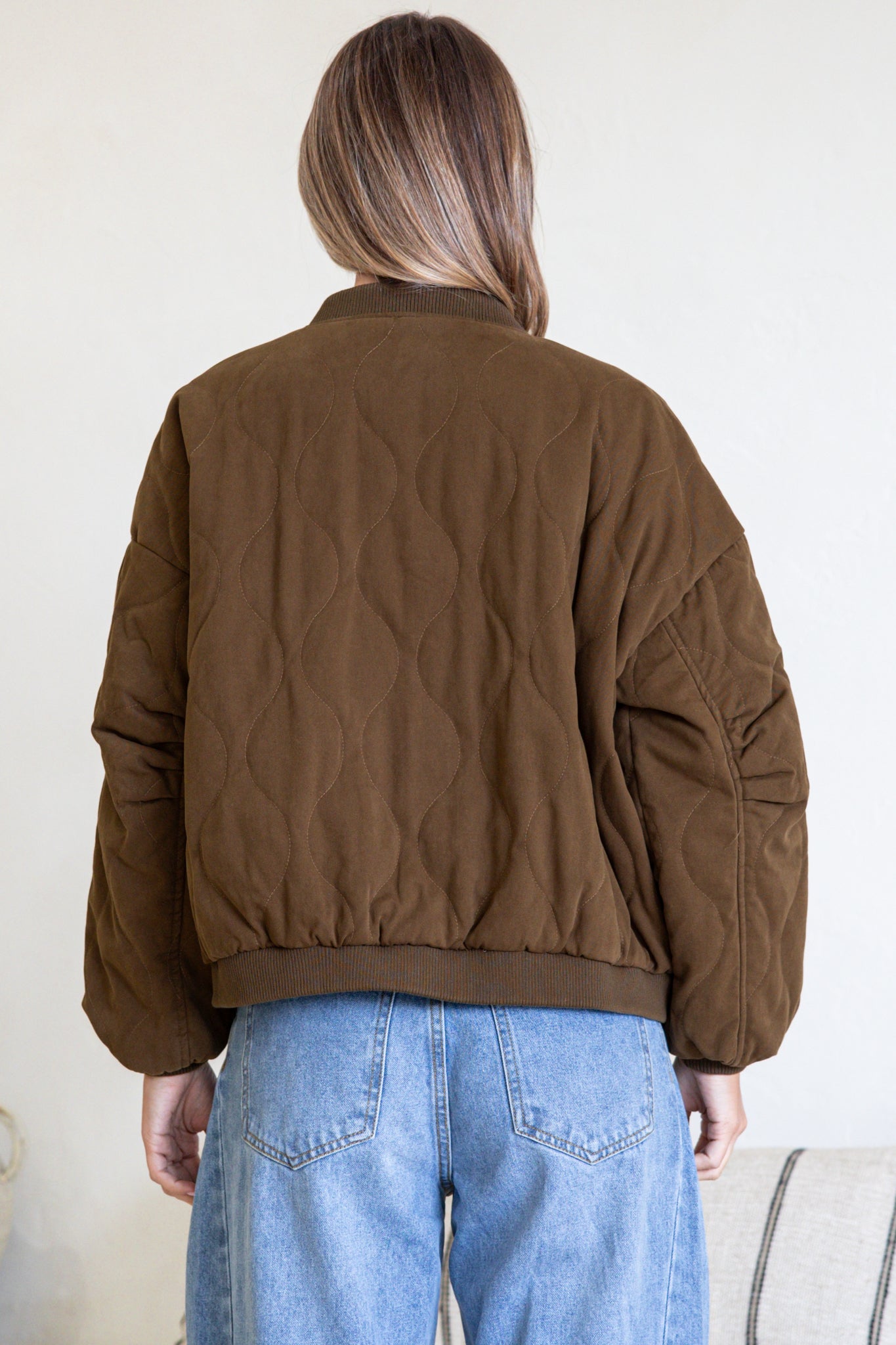 Brixton Jacket - Round Neck Quilted Bomber Jacket with Zipper & Snap Button Closure in Khaki
