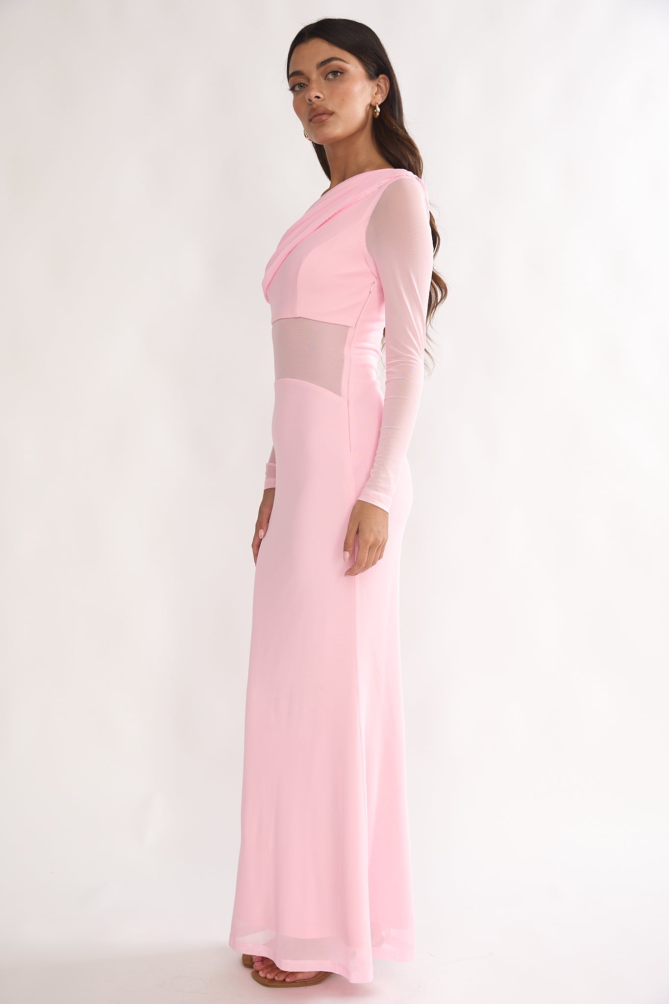 Milos Asymmetric Neckline Long Sleeve Maxi Dress Pink
