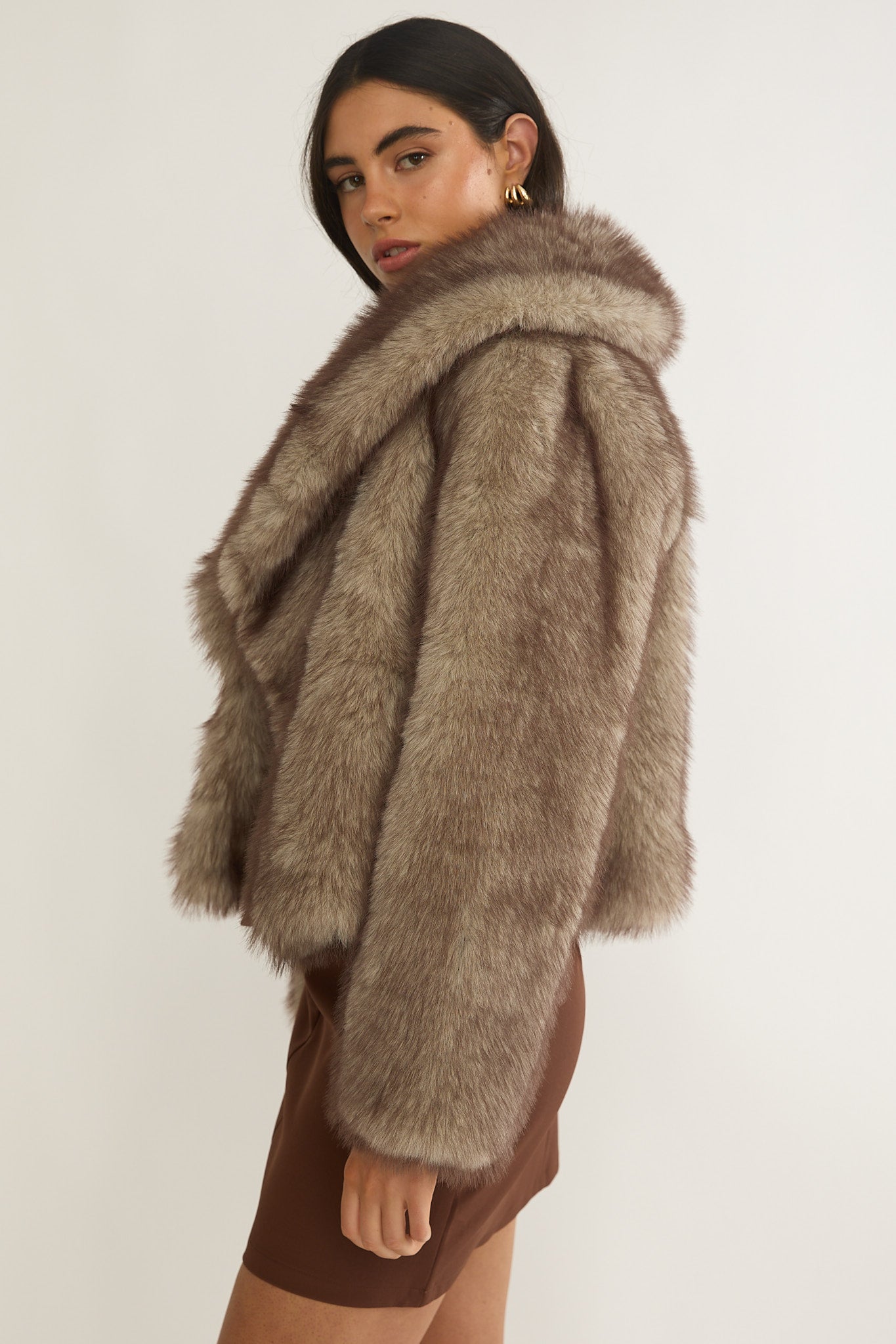 Marella Oversized Lapel Faux Fur Jacket Taupe