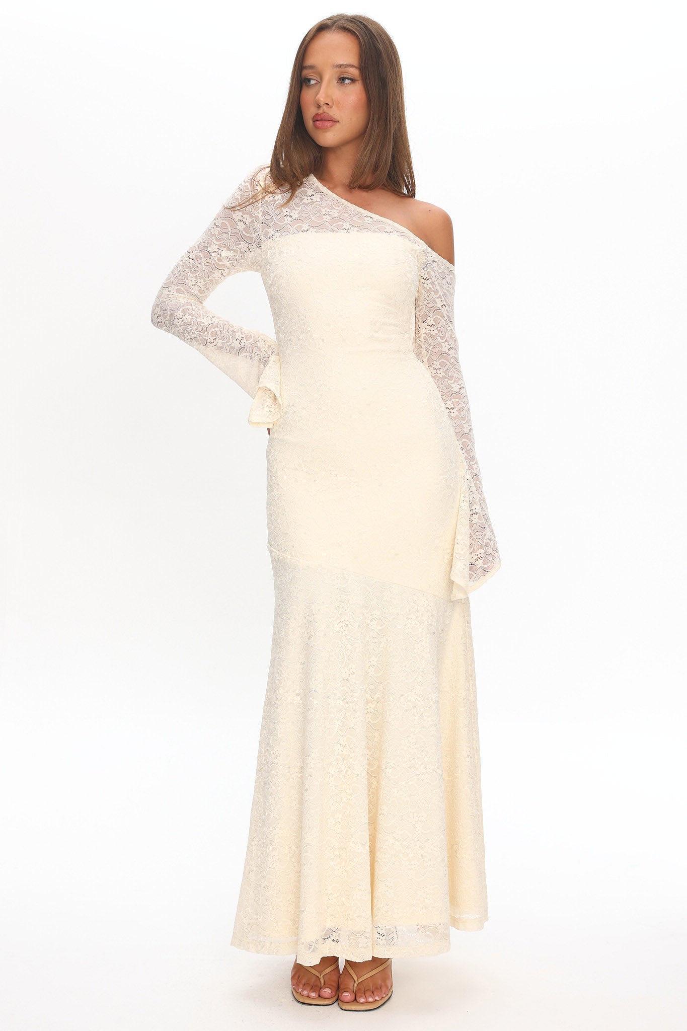 Lylah Asymmetric Neckline Long Sleeve Maxi Dress Lace Butter