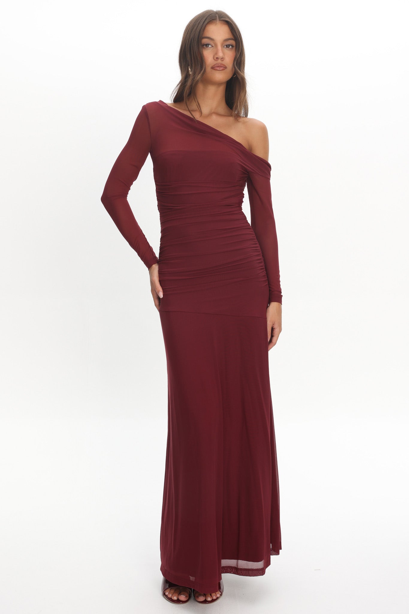 Lylah Asymmetric Neckline Long Sleeve Maxi Dress Mesh Plum