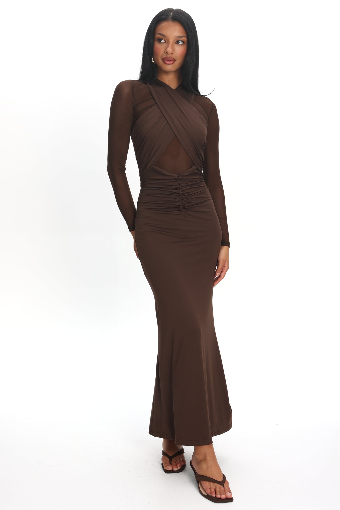 Esther Sheer Waist Maxi Dress Chocolate