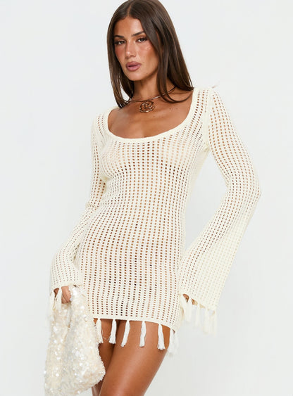 Melosa Long Sleeve Crochet Mini Dress White