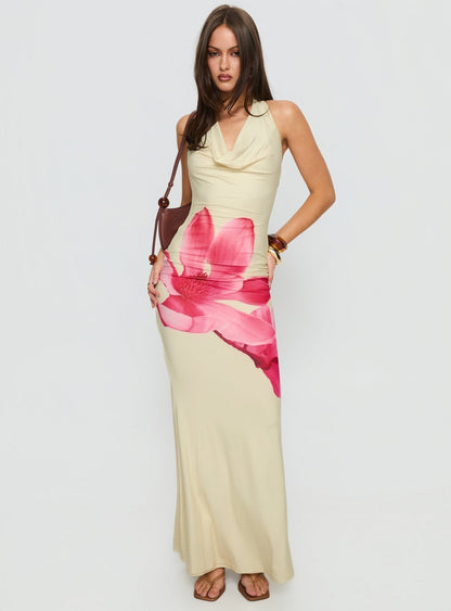 Raleina Halter Cowl Neck Maxi Dress Lemon Floral