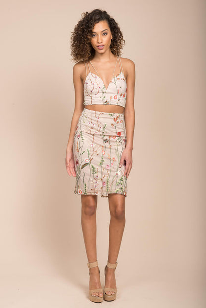 Halston Crop Top and Skirt Set Beige