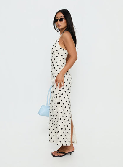 Delphinia Halter Maxi Dress Cream Polka Dot