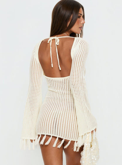 Melosa Long Sleeve Crochet Mini Dress White