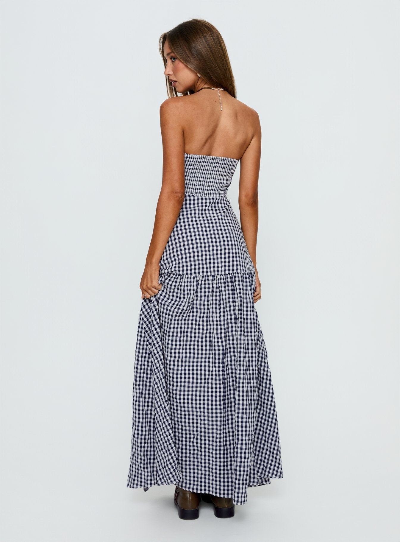 Luckystar Strapless Sweetheart Maxi Dress Navy Gingham