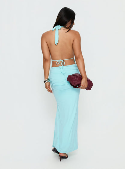 Aloise High Neck Draped Maxi Dress Cyan