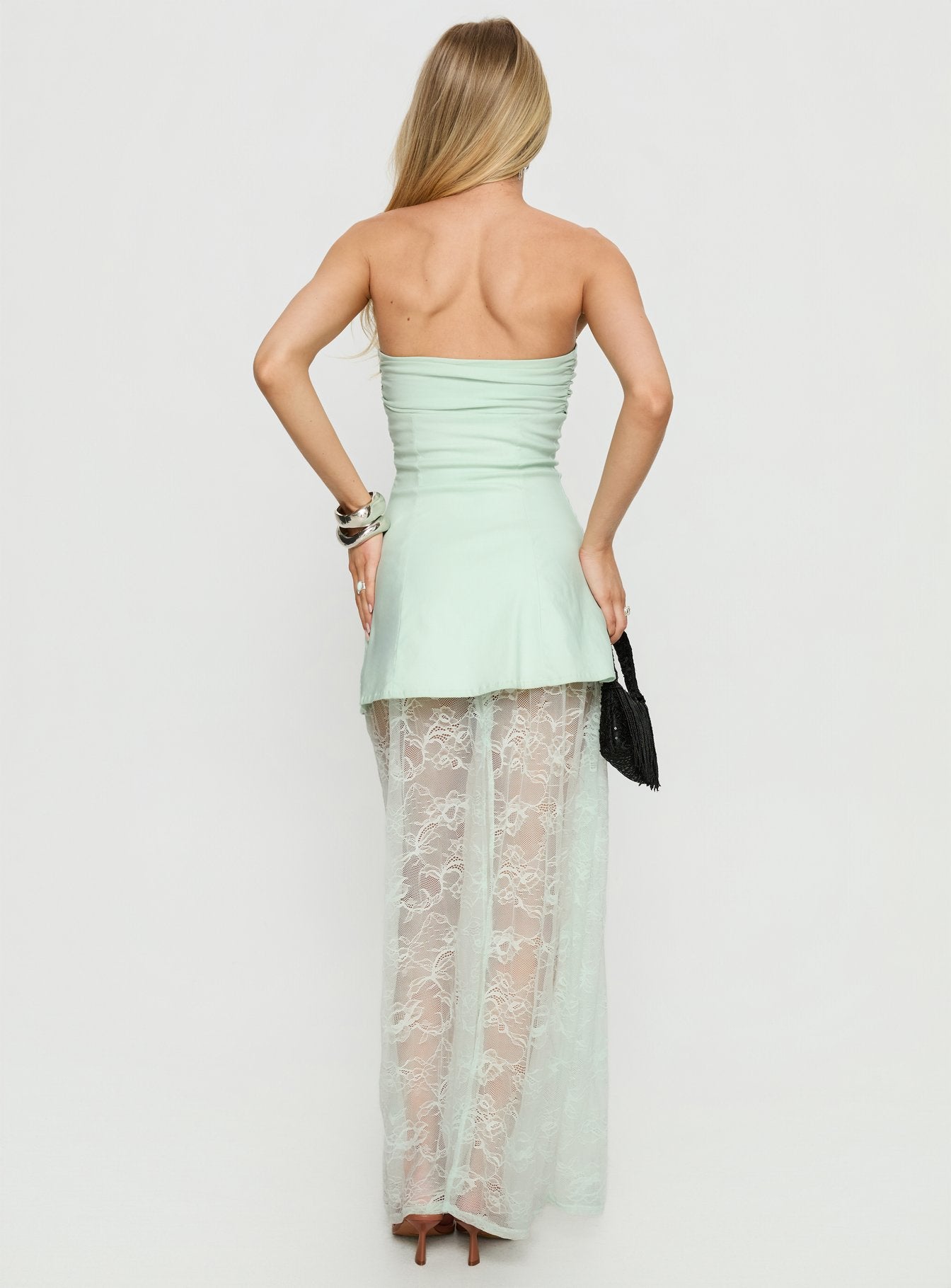 Aleda Sheer Lace Detail Strapless Maxi Dress Sage