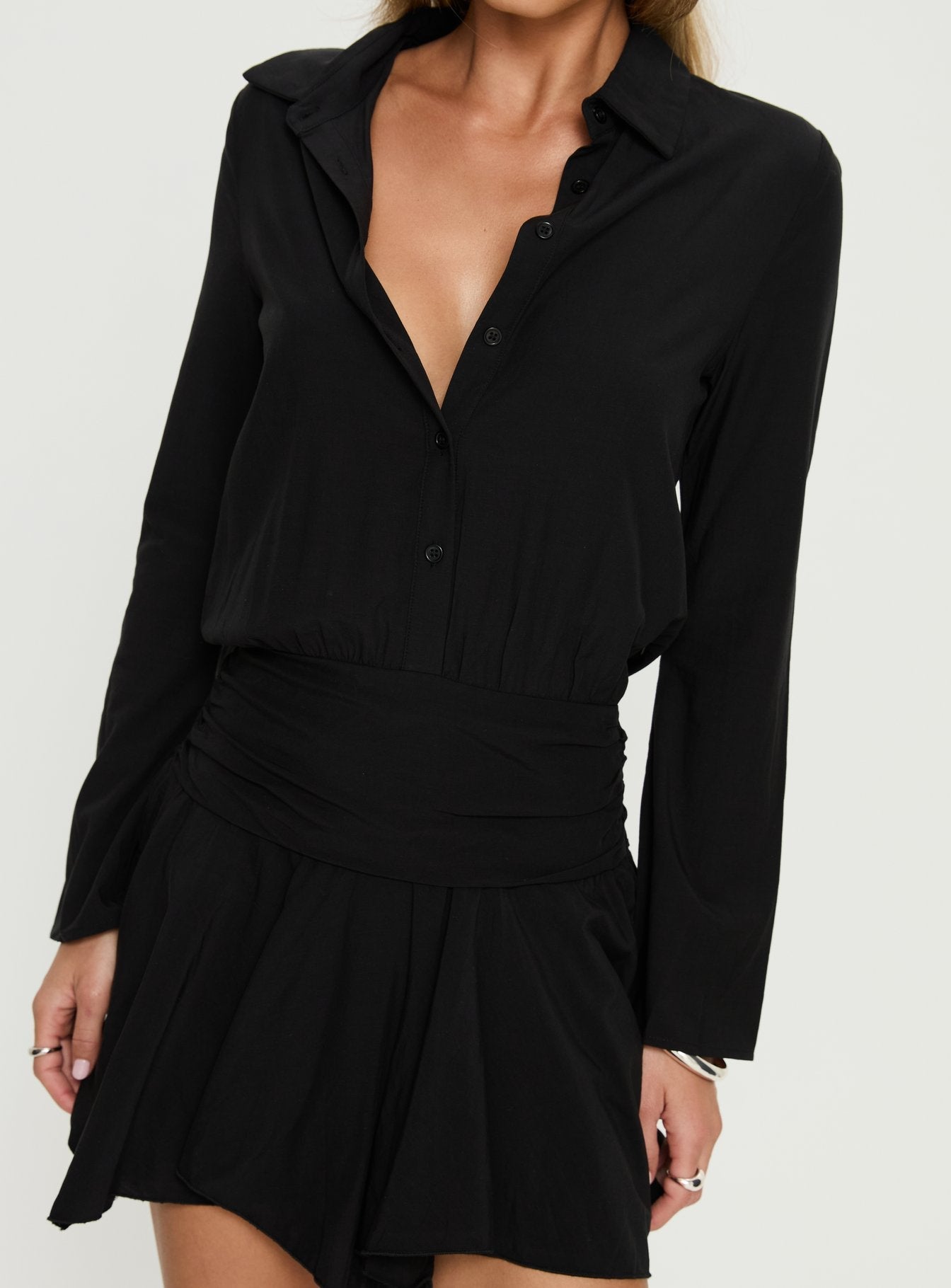 Vivenne Long Sleeve Ruched Mini Dress Black