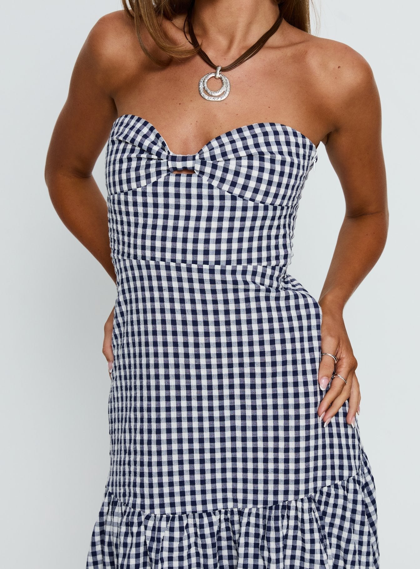 Luckystar Strapless Sweetheart Maxi Dress Navy Gingham