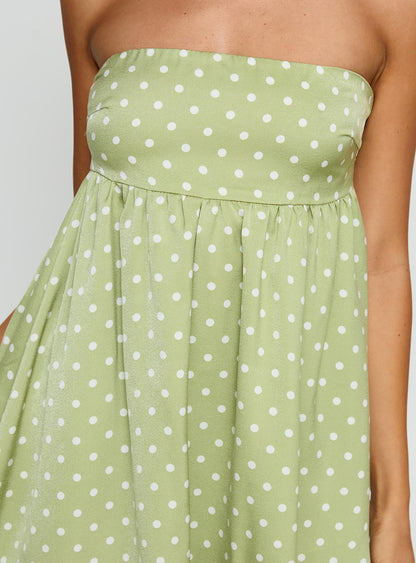 Follow the Dream Strapless Mini Dress Green Polka Dot