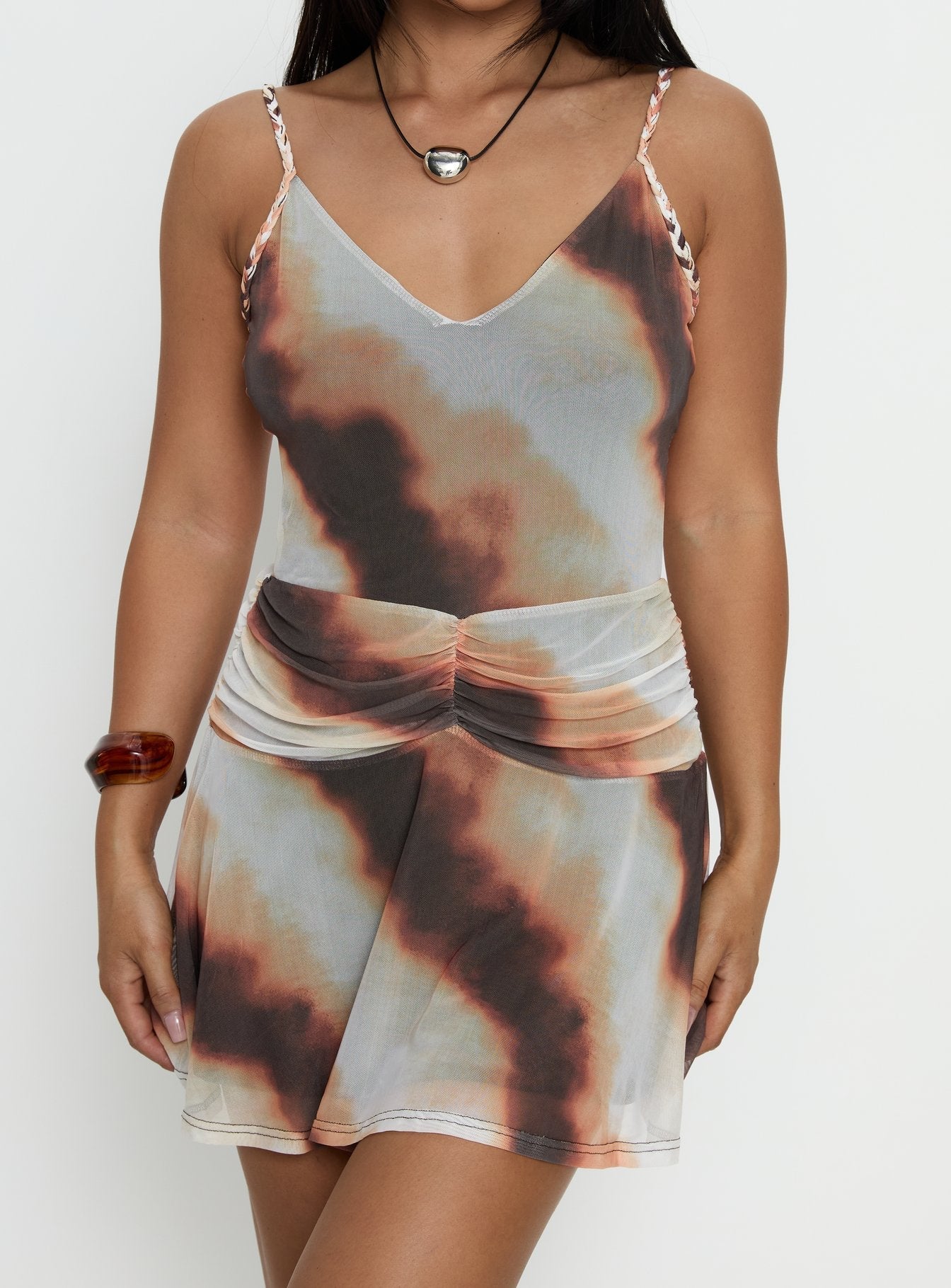 Milanie Ruched Mini Dress Brown / Orange Stripe