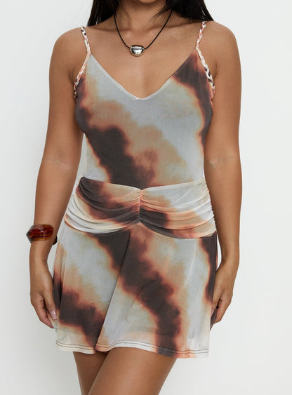 Milanie Ruched Mini Dress Brown / Orange Stripe
