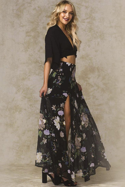 Riley High Slit Button Up Skirt Black