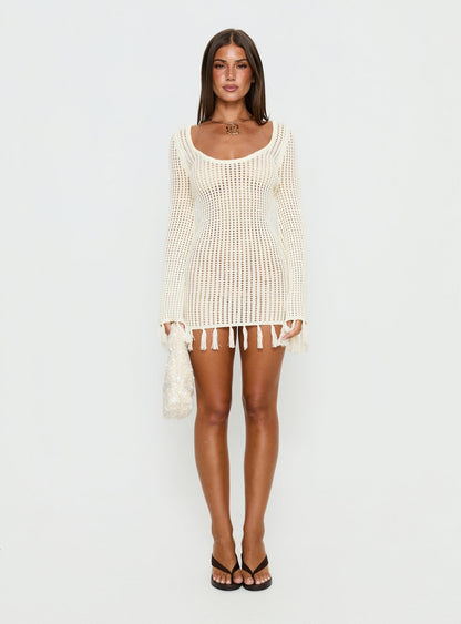 Melosa Long Sleeve Crochet Mini Dress White
