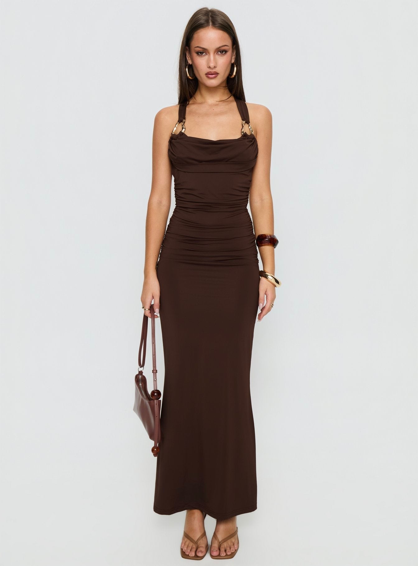 Josefa Ruched Hardware Maxi Dress Chocolate