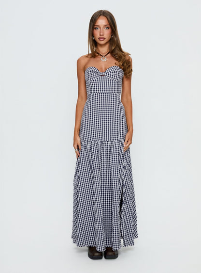 Luckystar Strapless Sweetheart Maxi Dress Navy Gingham