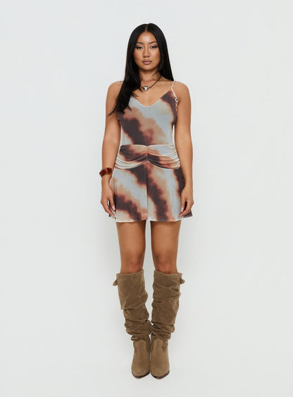 Milanie Ruched Mini Dress Brown / Orange Stripe