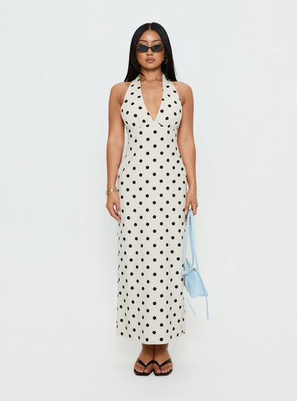 Delphinia Halter Maxi Dress Cream Polka Dot