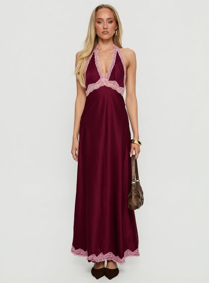 Mariela Lace Trim Maxi Dress Burgundy