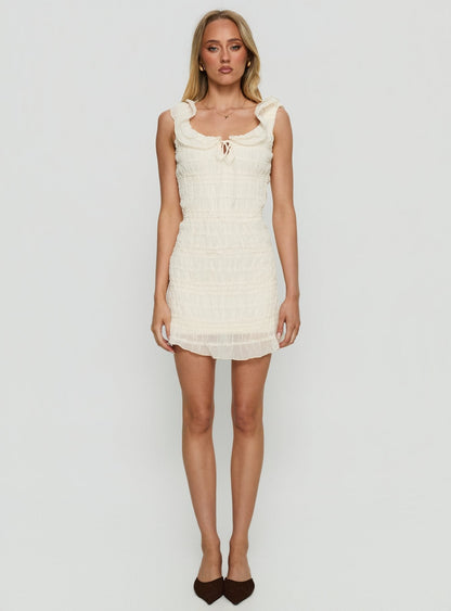Elenore Frill Textured Mini Dress Cream