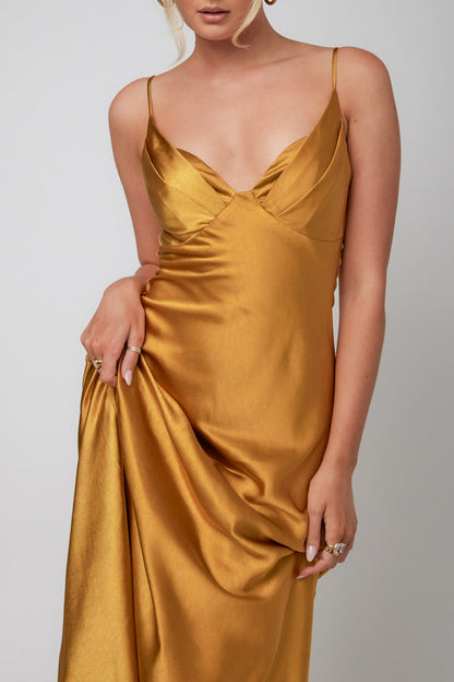 Infinity Pintuck Bust Midi Dress Mustard
