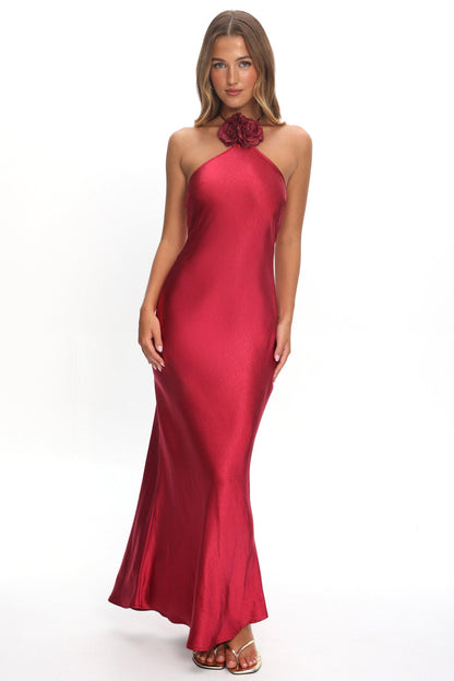 High Roller Flower Decoration Halter Dress Wine
