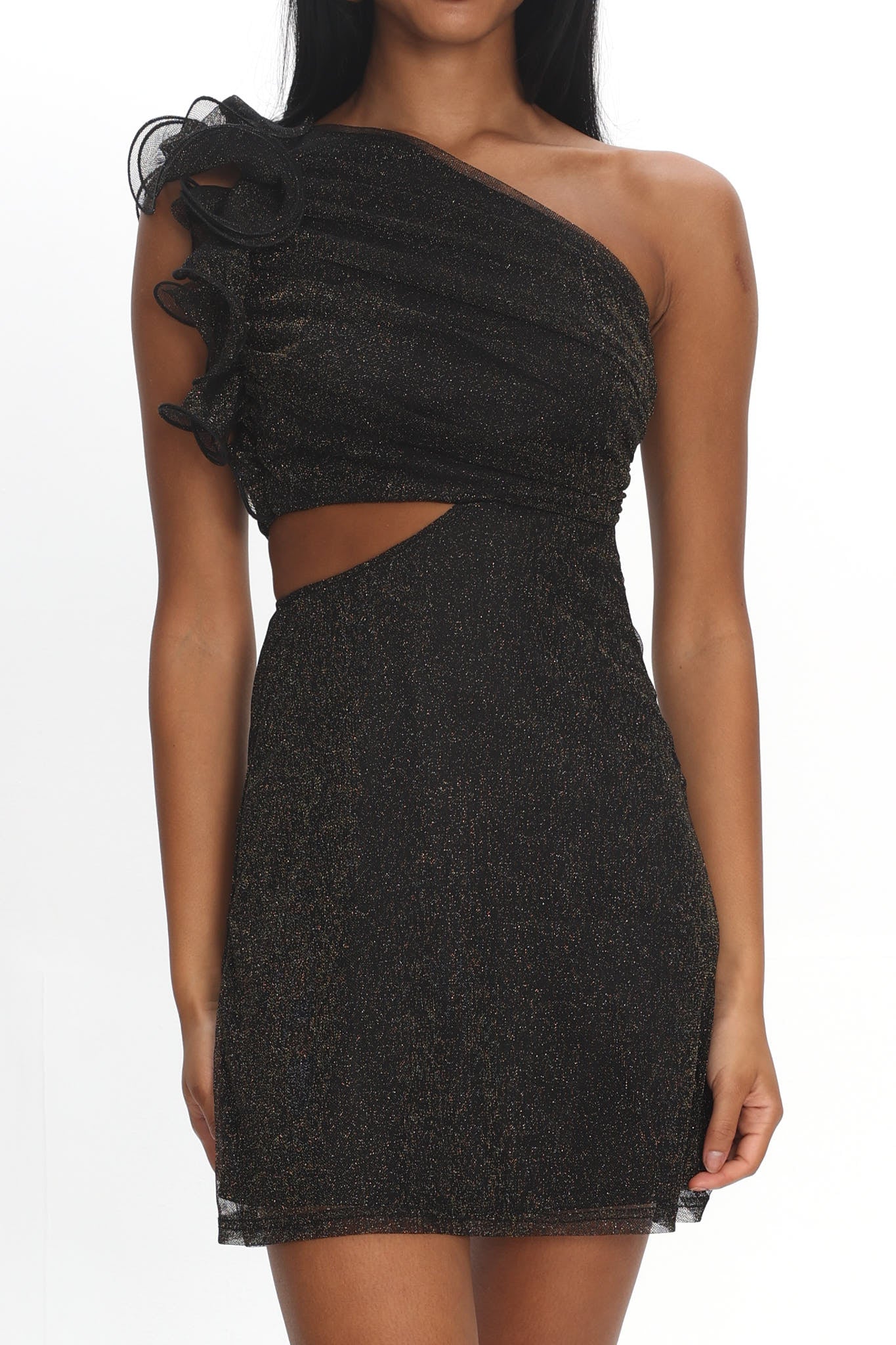 Deanna One-Shoulder Ruffle Mini Dress Glitter Black