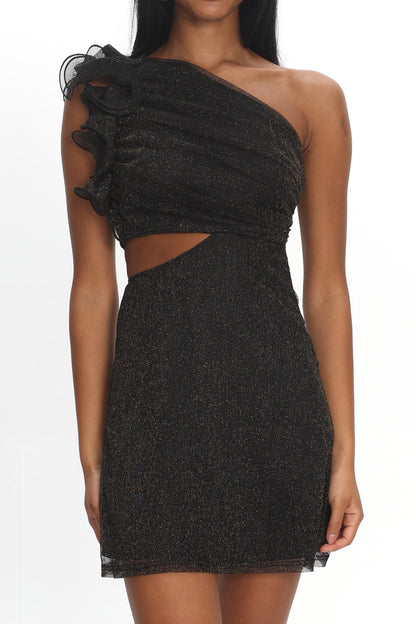 Deanna One-Shoulder Ruffle Mini Dress Glitter Black