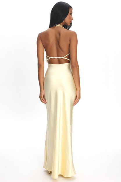 Gelato Pearl Strap Halter Maxi Dress Butter