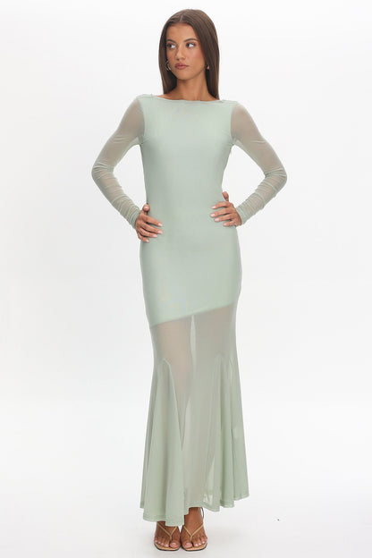 Lustre Long Sleeve Open Back Maxi Dress Sage