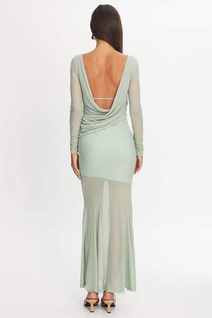 Lustre Long Sleeve Open Back Maxi Dress Sage
