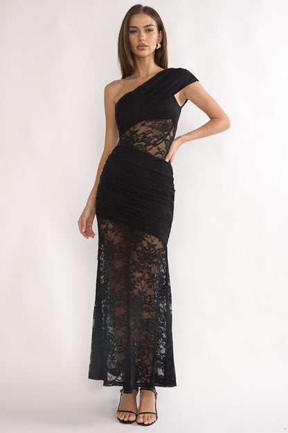 Gala One-Shoulder Maxi Dress Lace Black
