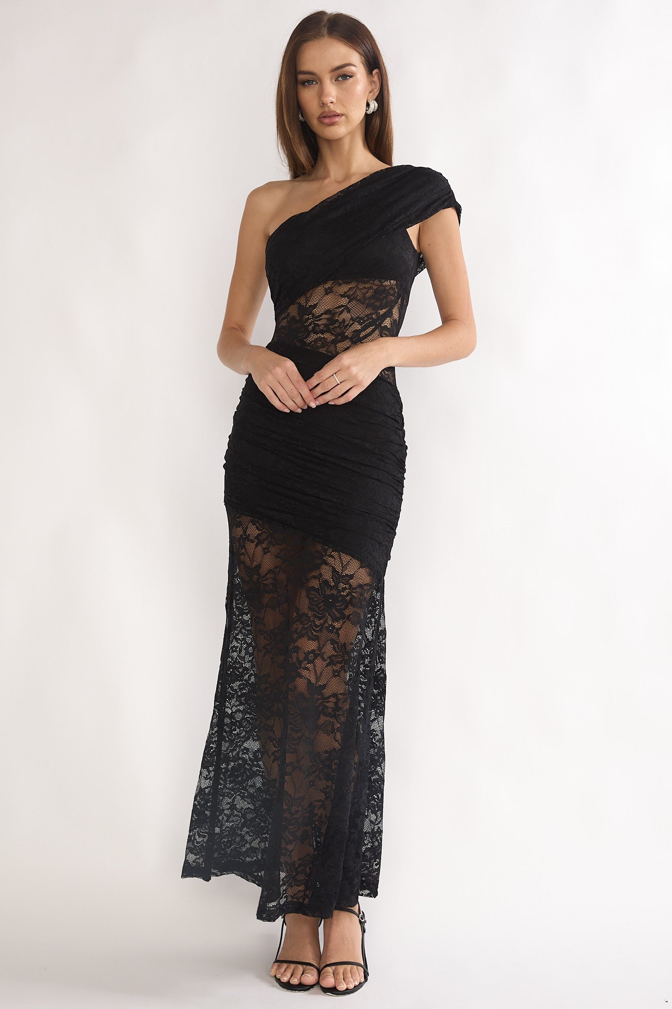 Gala One-Shoulder Maxi Dress Lace Black