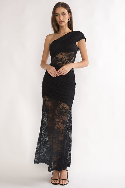 Gala One-Shoulder Maxi Dress Lace Black
