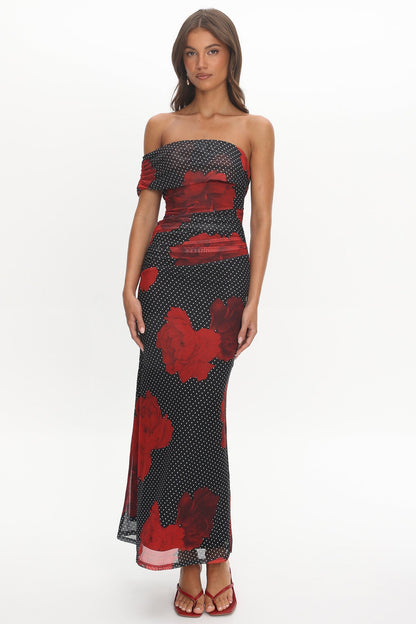 Gala One-Shoulder Maxi Dress Rose Black
