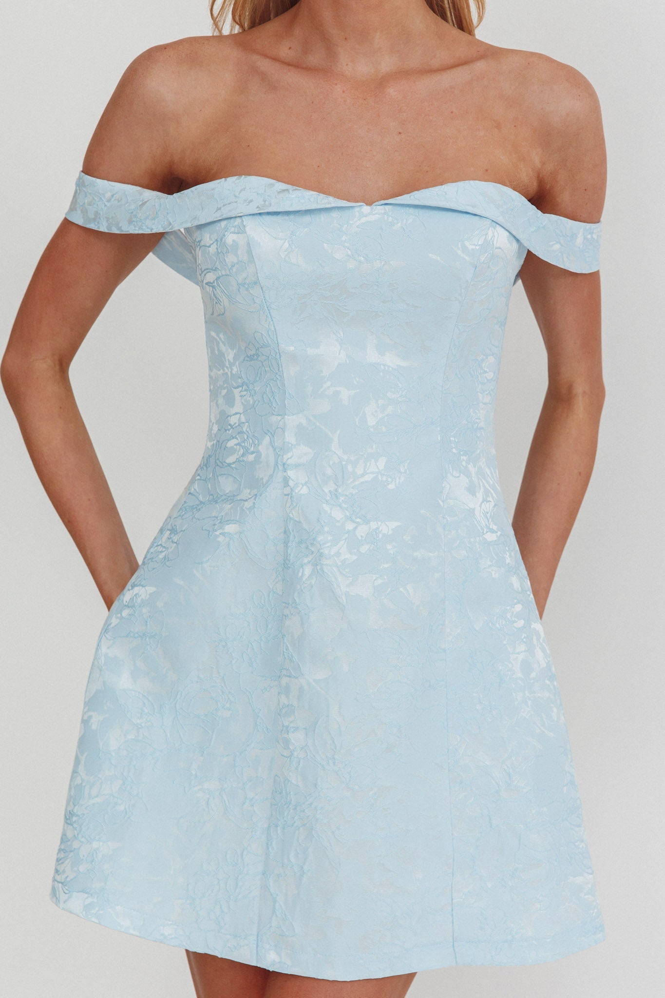 Mikado Off-Shoulder Foldover Mini Dress Jacquard Blue