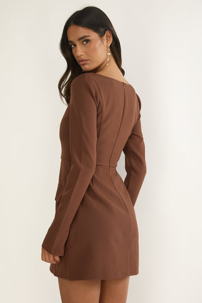 Calenne Long Sleeve Faux Pocket Mini Dress Coffee