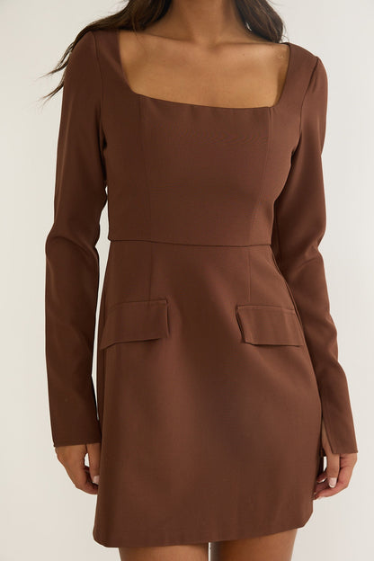 Calenne Long Sleeve Faux Pocket Mini Dress Coffee