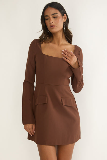 Calenne Long Sleeve Faux Pocket Mini Dress Coffee
