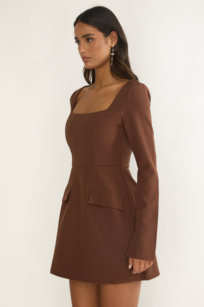 Calenne Long Sleeve Faux Pocket Mini Dress Coffee