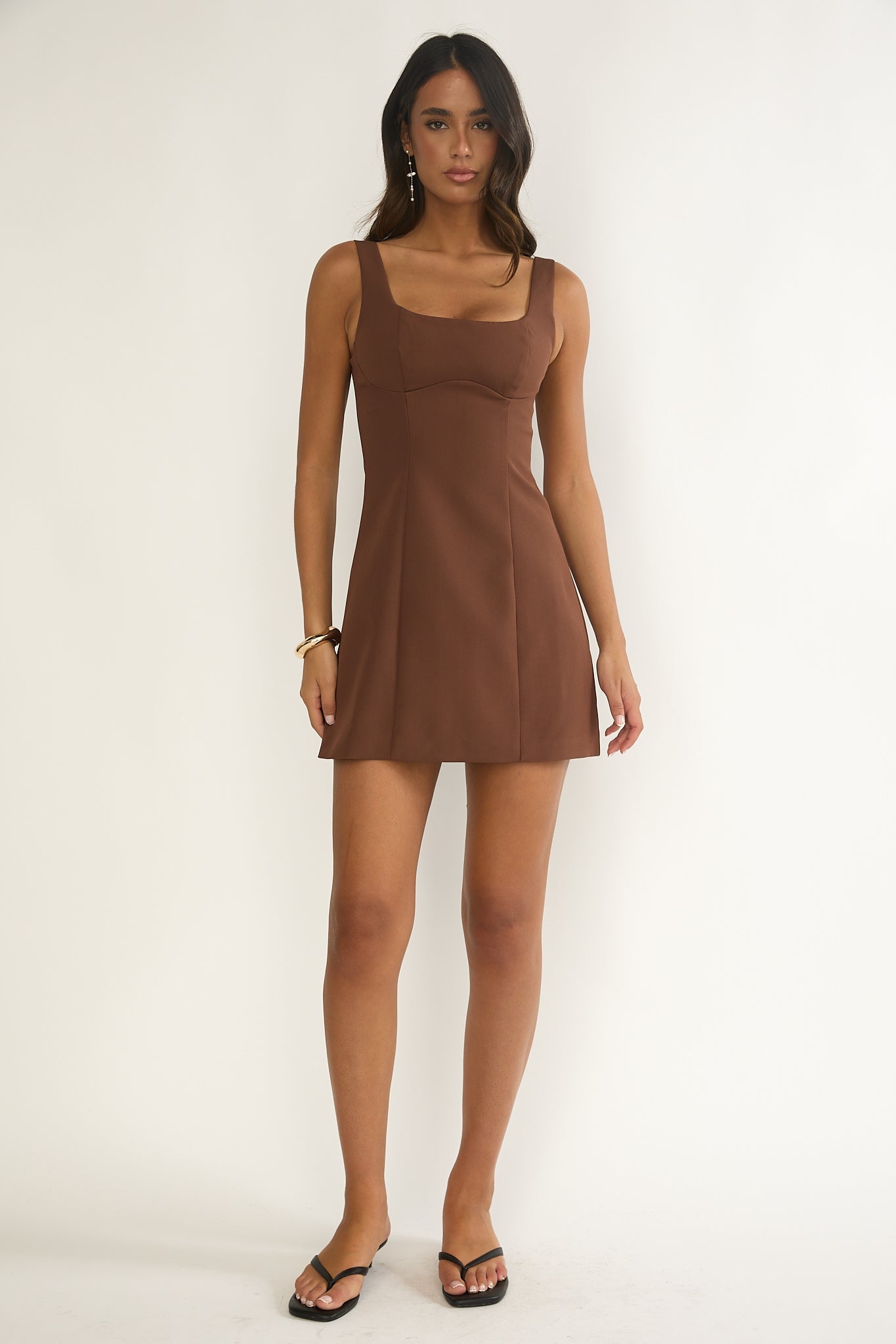 Saryna Square Neckline Mini Dress Coffee
